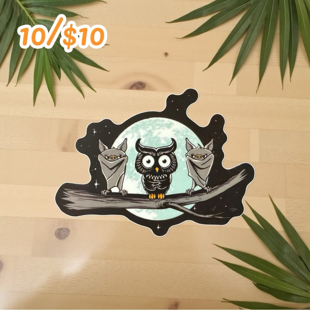 Halloween Owl & Bats Moon Sticker – Matte Vinyl – 2 3/4”
